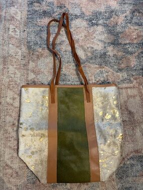 Leather-Trim Green & Metallic Accent Tote Bag
